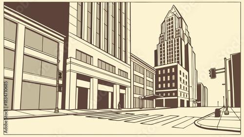 Austin skyline city street view displays downtown buildings and crosswalks below a vibrant texas sky. Suitable for travel brochures and advertisements. Skyline of austin