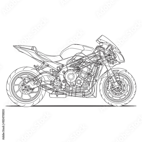 Detailed wireframe blueprint illustration of a modern sport motorcycle showing its internal mechanical components and structure.