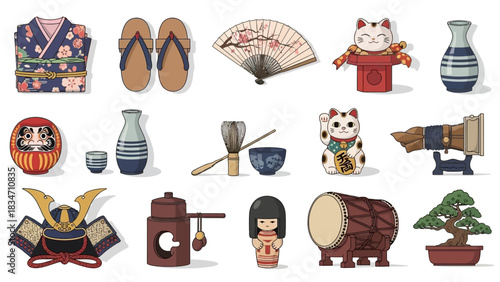 Explore Japanese culture with this delightful collection of traditional icons, showcasing the unique charm of Japan for cultural projects and educational resources