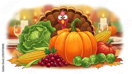 Colorful Thanksgiving food illustration with turkey