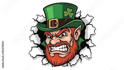 Fierce Irish leprechaun character mascot with a red beard and green hat bursting through a wall in a cartoon illustration