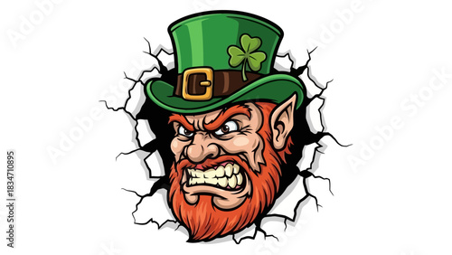 Intense Illustration of an Enraged Leprechaun Mascot with a Green Hat and Clover, Dynamically Bursting Through a Cracked Surface, Symbolizing the Lively Spirit of Irish Culture