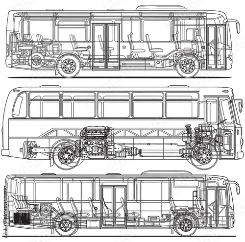 Detailed wireframe blueprints of three different bus models showing internal components.