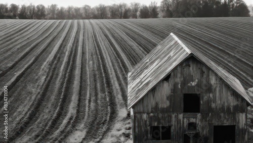Rustic Barn and Field in Black and White.