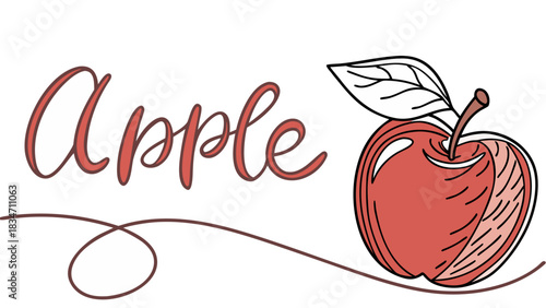 Handwritten 'Apple' word art and a delicious red apple illustration, great for healthy food blogs, educational materials, or fresh produce market designs