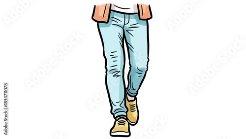 Stylish sketch of a person walking forward wearing light blue jeans, a jacket, and shoes for fashion illustrations or apparel designs in trendy blogs