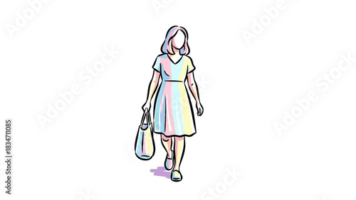 Stylish woman walking with tote bag illustration in pastel colors, perfect for fashion blogs and creative projects with a modern, youthful vibe