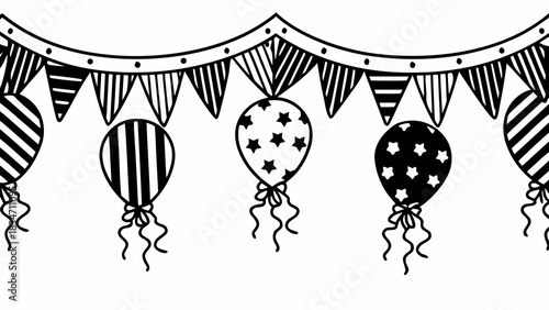 Whimsical monochrome party bunting with balloons, perfect for invitations and decorations, adding a touch of festive cheer to any celebration