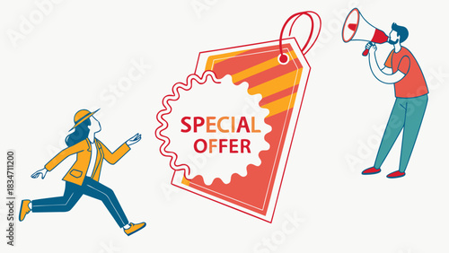 Catch the Buzz: Woman Rushing to Grab Amazing Special Offer Announced by Megaphone, Exciting Savings, Limited Time Deals, Don't Miss Out, Vector