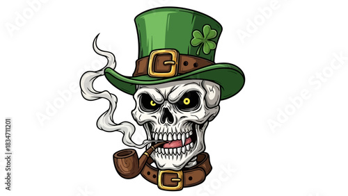 Skeleton wearing a green top hat and smoking a pipe, a classic image representing death, Halloween, or a pirate theme, perfect for graphic designs