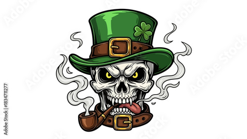 Edgy skull in a vibrant green top hat with a lucky shamrock, smoking a pipe, a striking and detailed illustration perfect for tattoo designs or themed apparel