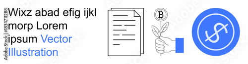 Financial planning, cryptocurrency, eco-investment, economic growth, digital assets, finance education. Document, hand holding plant with Bitcoin icon with dollar sign. Financial planning