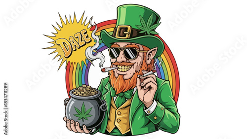 Whimsical Illustration of a Jolly Leprechaun Smoking a Cannabis Joint and Holding a Pot of Green Buds under a Colorful Rainbow Arch