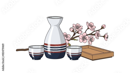 Elegant sake set with cherry blossoms for authentic Japanese dining or festive celebration, perfect for cultural events or upscale restaurant promotion