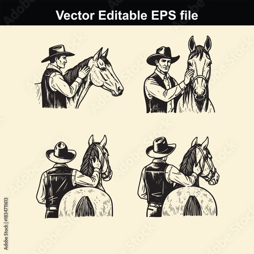 a collection of four vector illustrations depicting cowboys interacting affectionately with their horses, showing side and back views in a detailed line art style