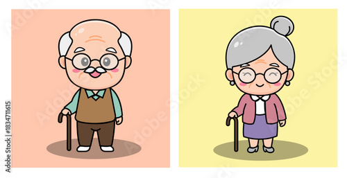 A charming cartoon illustration featuring a cute grandparent couple. The design showcases a senior man and woman character with sweet facial expressions and simple shapes. 