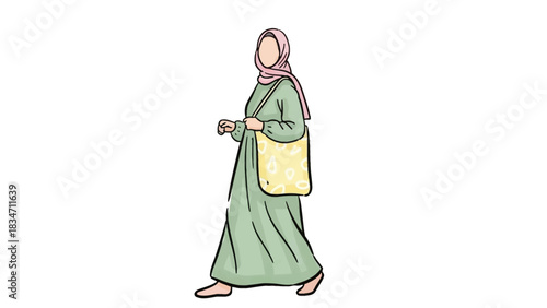 Modern Muslim woman in hijab walking with stylish tote bag, perfect for fashion blogs or lifestyle content, showcasing diversity and contemporary style