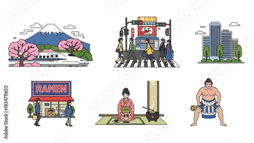 Experience iconic Japan with bullet trains, bustling cityscapes, serene tea ceremonies, and powerful sumo wrestlers in this travel-inspired illustration