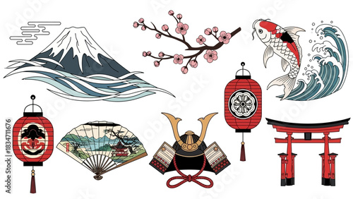 Explore Japan's iconic symbols with this vibrant collection of Mount Fuji, koi fish, cherry blossoms, torii gates, and samurai helmet for cultural designs
