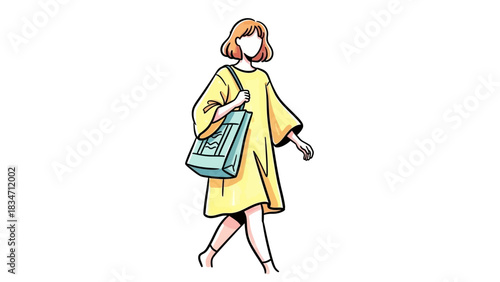 Stylish woman with a tote bag walking in vibrant yellow dress, casual vibe, modern lifestyle, fresh aesthetic, perfect for fashion blogs and lifestyle content