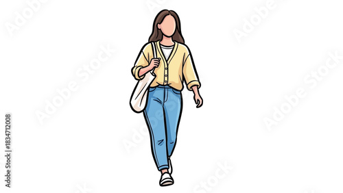 Effortless Style Personified Young woman walking with tote bag exudes casual confidence and modern flair, perfect for fashion or lifestyle concepts