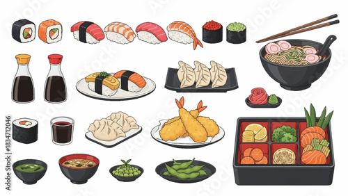 Delicious sushi, ramen, and gyoza feast awaits you, perfect for restaurant menus and vibrant Asian food blogs! Enjoy Japanese culinary delights now!