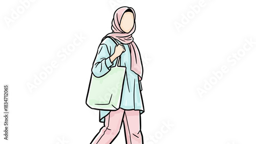 Stylish Muslim woman confidently carries a tote bag, embracing modern modest fashion with grace and elegance, creating a visually captivating scene