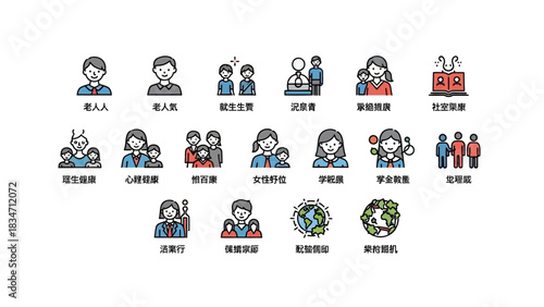 Diverse family and community icons representing well being, environmental awareness, and social issues, suitable for global outreach and support campaigns
