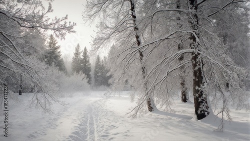 Winter Wonderland - Snow-Covered Trees and a Path in a Forest.