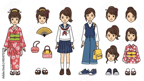 Explore Japanese school life with stylish student icons, featuring traditional kimono and modern outfits for education and cultural projects with unique elements