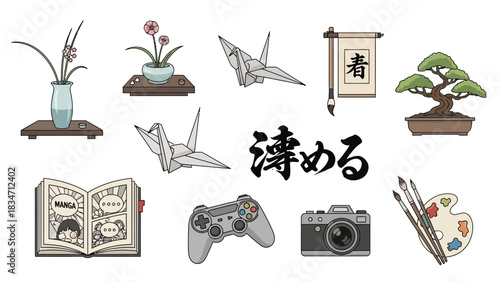 Explore Japanese Culture and Creative Hobbies Like Manga, Origami, Gaming, and Photography in a Relaxing Aesthetic Mood Board