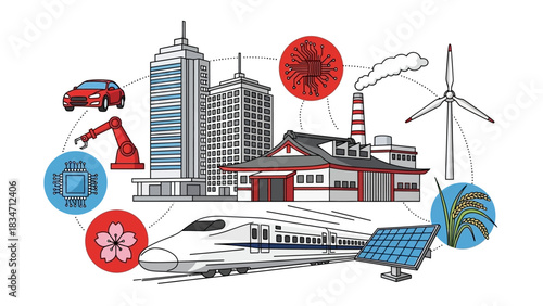 Experience modern Japan with vibrant technology, bullet trains, solar panels, and wind turbines for a sustainable future in this compelling illustration