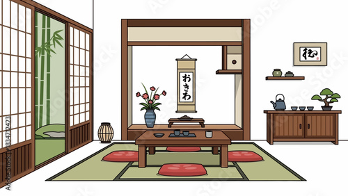 Serene Japanese room with tatami mats and calming decor, perfect for mindfulness or relaxation practices in a traditional home setting