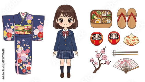 Explore Japanese Culture with this Kawaii Schoolgirl, Bento Box, Kimono, and Daruma Dolls for a Vibrant and Authentic Travel Experience