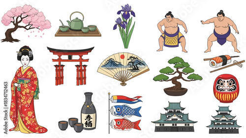 Explore stunning Japan with these cultural icons, geisha, sumo, temples, and more for your next project, perfect for travel and design inspirations