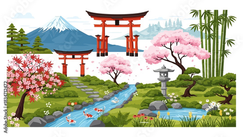 Beautiful Japanese garden landscape with Mount Fuji, tranquil stream, and iconic Torii gates for a serene and peaceful atmosphere evoking Zen calmness