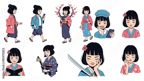Charming Asian Woman Character Set Wearing Kimono with Traditional and Modern Accessories, Perfect for Cultural or Lifestyle Design Projects
