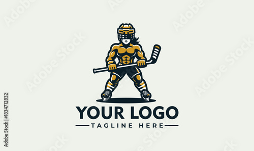 Strong woman gladiator in hockey gear mascot character, vector. logo. illustration