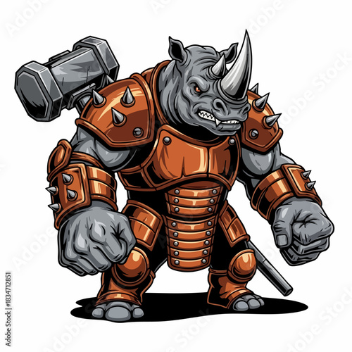 Mighty armored rhinoceros warrior holding a powerful hammer ready for battle.