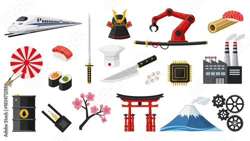 Explore Japan's dynamic blend of ancient tradition and modern innovation showcasing sushi, Mt. Fuji, technology, and cultural symbols in a vibrant collage