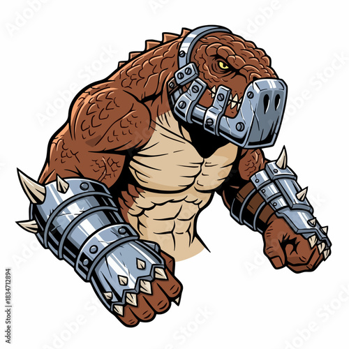 Muscular reptilian monster with metal muzzle and spiked gauntlets.