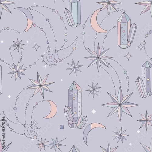 Mystical seamless pattern with celestial moons stars and crystals.