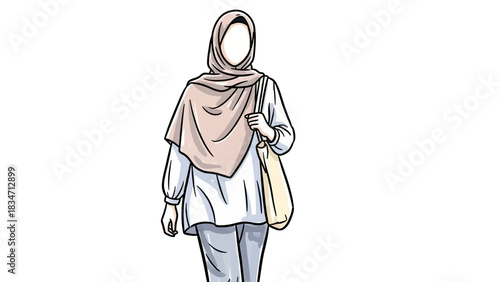Stylish woman in hijab with tote bag walking, perfect for modern modest fashion campaign or illustrating diversity and inclusion in lifestyle content