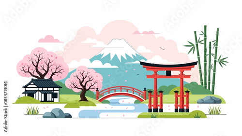 Serene Japanese Landscape with Cherry Blossoms and Mount Fuji for Travel and Tourism Marketing Campaigns, Evoking Peace and Cultural Richness