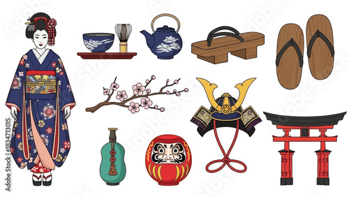 Discover Japan's cultural icons with this captivating collection of traditional elements, including a beautiful geisha and symbolic artifacts