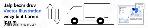 Logistics, transportation, data analysis, supply chain, business reports, delivery management. Truck icon, upward and downward arrows and an analytics chart. Logistics and transportation
