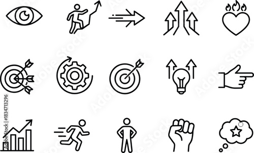 Business Goals and Motivation Line Icons: Vision, Strategy, Target, Growth, Ambition, Passion, Success, and Achievement Symbols