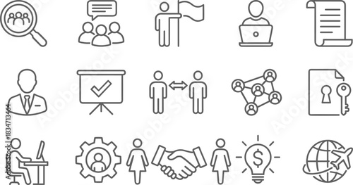 Business Management and HR Line Icons, Recruitment, Leadership, Agreement, Networking, Global Strategy, Outline Vector Set
