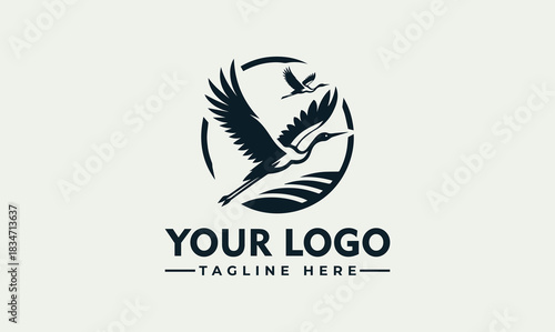 vector logo illustration of two cranes flying over water