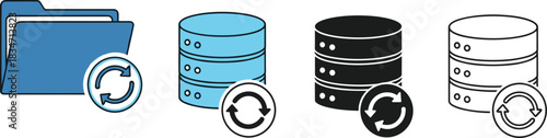 Data Synchronization and Backup Icons: Server Update, File Refresh, Database Storage, and System Recovery Symbols